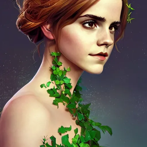 Prompt: emma watson as titania, summer queen. faerie queen. queen of light, green, poison ivy, made by caravaggio stanley artgerm lau wlop rossdraws artstation cgsociety concept art octane render