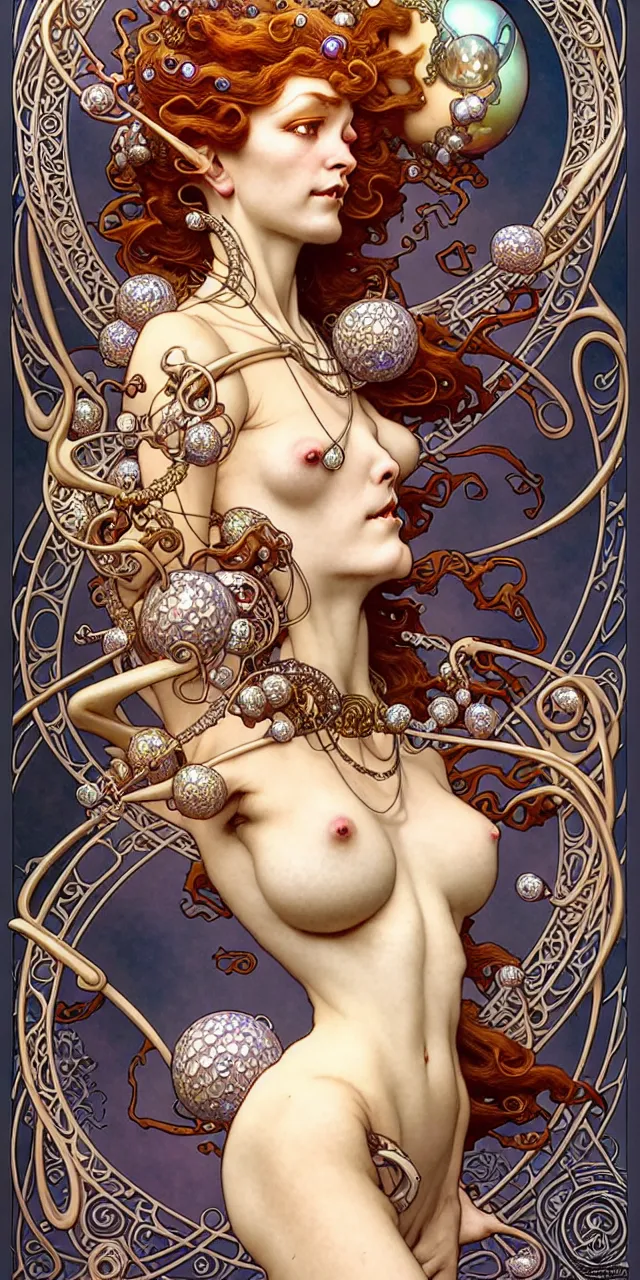 Image similar to beautiful art nouveau fantasy character portrait, ultra realistic, intricate details, the fifth element artifacts, highly detailed by peter mohrbacher, hajime sorayama, wayne barlowe, boris vallejo, aaron horkey, gaston bussiere, craig mullins alphonse mucha, art nouveau curves swirls and spirals, flowers pearls beads crystals jewelry goldchains scattered