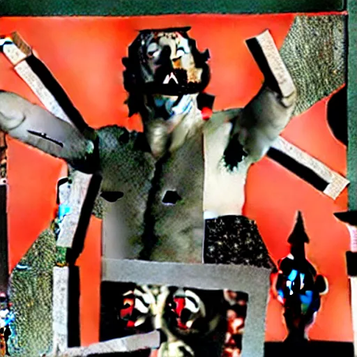 Image similar to a paper collage of armageddon, a god of death stands in the middle, kurt schwitters, richard hamilton, joe webb, chambliss giobbi, lynn skordal, derek gores, barbara kruger, jacques villegle.