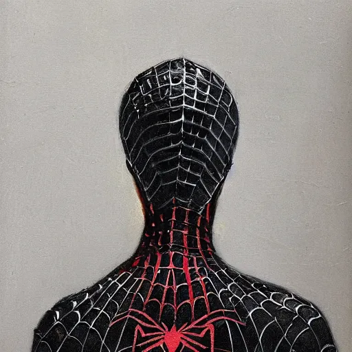 Prompt: Back view of spiderman, intricate, maximalism, deep shadows, award winning, by Ilya Repin