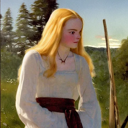 Prompt: Painting of Elle Fanning at the bonfire of firelink shrine, long blonde hair, delicate, pale milky white porcelain skin, by Norman Rockwell and Edward Hopper. Extremely detailed.