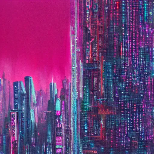 Prompt: oil painting of a cyberpunk metropolis, fuchsia, textured