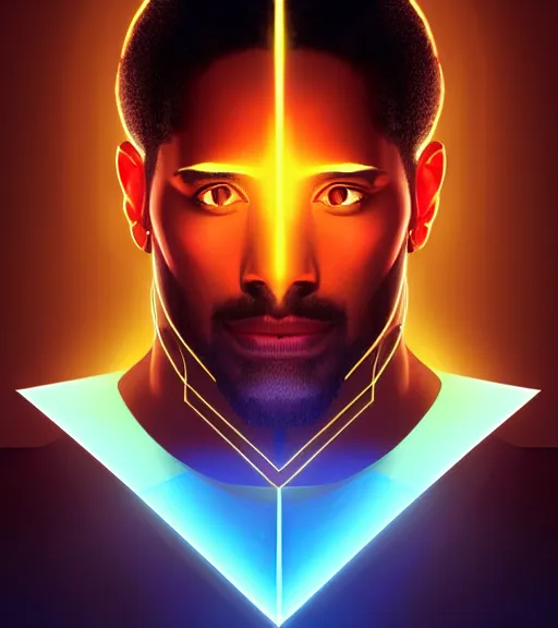 Image similar to symmetry!! egyptian king of technology, solid cube of light, hard edges, product render retro - futuristic poster scifi, lasers and neon circuits, brown skin handsome egyptian king, intricate, elegant, highly detailed, digital painting, artstation, concept art, smooth, sharp focus, illustration, dreamlike, art by artgerm