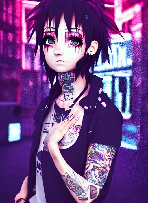 Image similar to portrait of a streetwear anime style woman wearing thick mascara, crying, a city on fire in the background, police lights shine on her face, tattoos, dark glitter, Cinestill 50d, 4k, 8k, hd, full color, octane render, trending on artstation, highly detailed