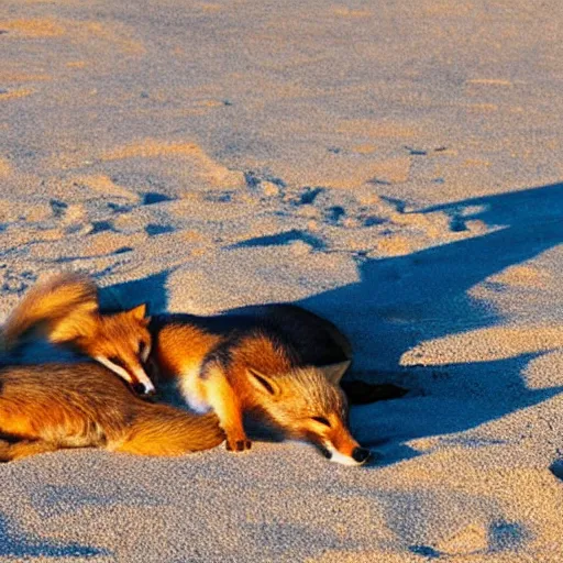 Image similar to foxes sleeping on a beach on a sunny day, sand and water, peaceful ambience