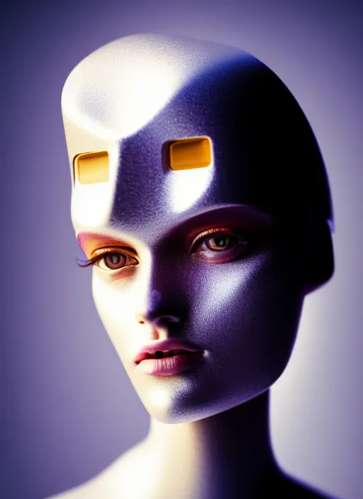 Image similar to kodak portra 4 0 0 of a gorgeous cross between a woman and robot, award winning, in style of tim walker, 1 5 0 mm, f 1. 2, volumetric light, coloured gel studio light, unreal engine 5, 8 k