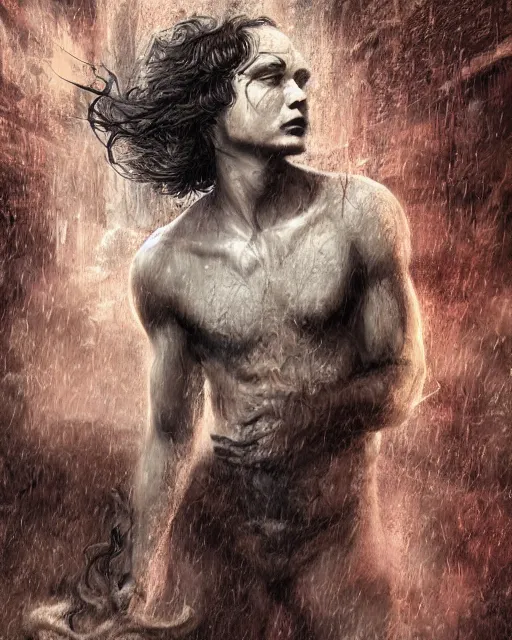 Prompt: Frank Dillane as a satyr, seductive, sexy, wispy tendrils of smoke, intricate, digital painting, old english, raining, sepia, particles floating, whimsical background by marc simonetti, artwork by liam wong