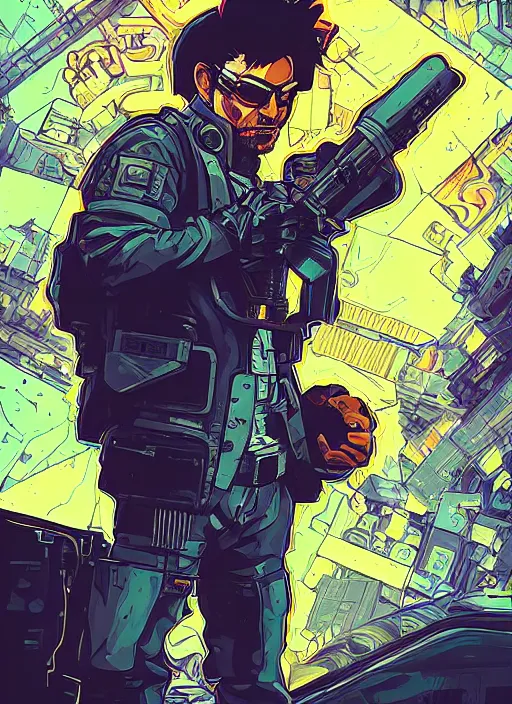 Image similar to hector tanaka. cyberpunk mercenary with scenic background. portrait illustration, pop art, art by ashley wood, alphonse mucha, laurie greasley and josan gonzalez. cinematic. dynamic lighting. realistic proportions. creative design. cell shading