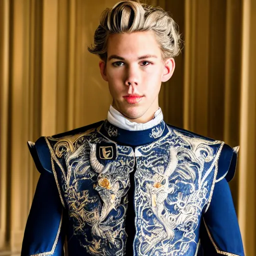 Prompt: medium shot of adult Austin Butler dressed in futuristic-baroque prussian blue duelist-garb with Griffin-Ram embroidery emblem, and nanocarbon-vest and greaves, standing in an arena in Dune 2020, XF IQ4, f/1.4, ISO 200, 1/160s, 8K, RAW, unedited, symmetrical balance, face in-frame