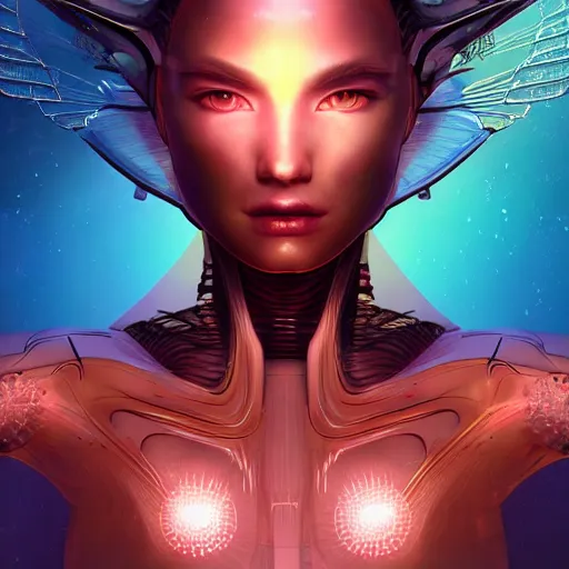 Prompt: masterpiece!!!! portrait of a futuristic android, science fiction, smooth technology, smooth body, fairy wings, intricate, headshot, highly detailed, digital painting, trending on artstation, concept art, sharp focus, cinematic lighting, illustration, art by masamune shirow , vivid colors, warm glows, particles, cgsociety