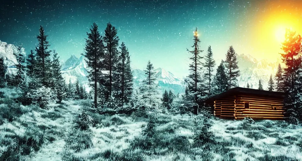 Image similar to log cabin beneath the alps, pine forest, night, lo - fi, vaporwave