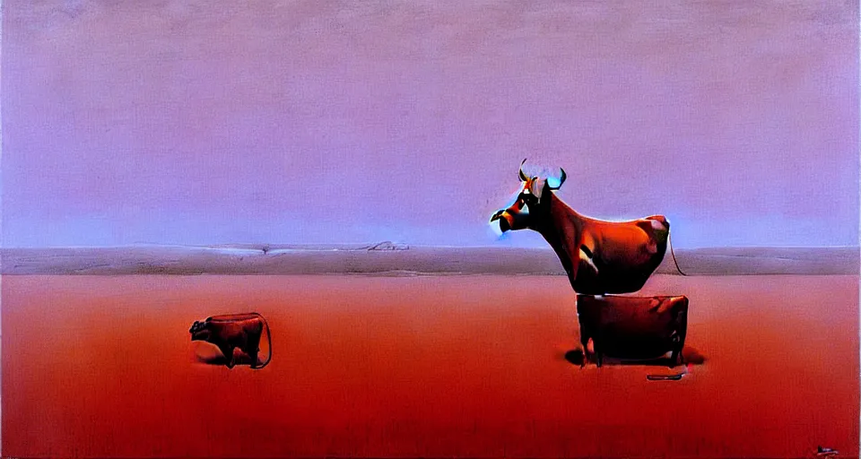 Image similar to Cow sitting in lotus position by Zdzisław Beksiński