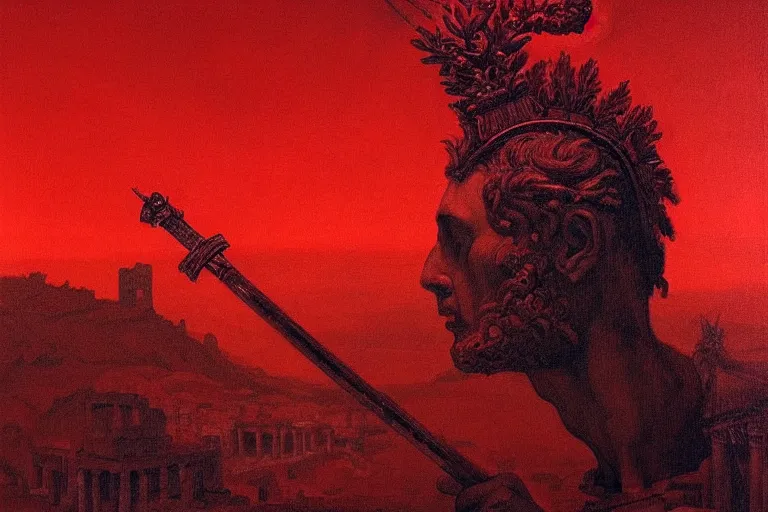 Image similar to only with red, a red melted apollo with a laurel wreath and a flaming sword announce the win, athens in the background, in the style of beksinski, part by hopper, part by rodcenko, part by hofbauer, intricate composition, red by caravaggio, insanely quality, highly detailed, masterpiece, red light, artstation