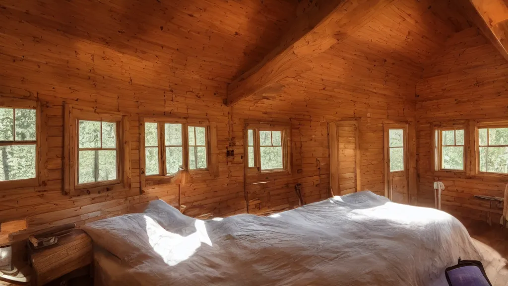 Prompt: a room inside an old wooden cabin with volumetric light coming in from the windows.