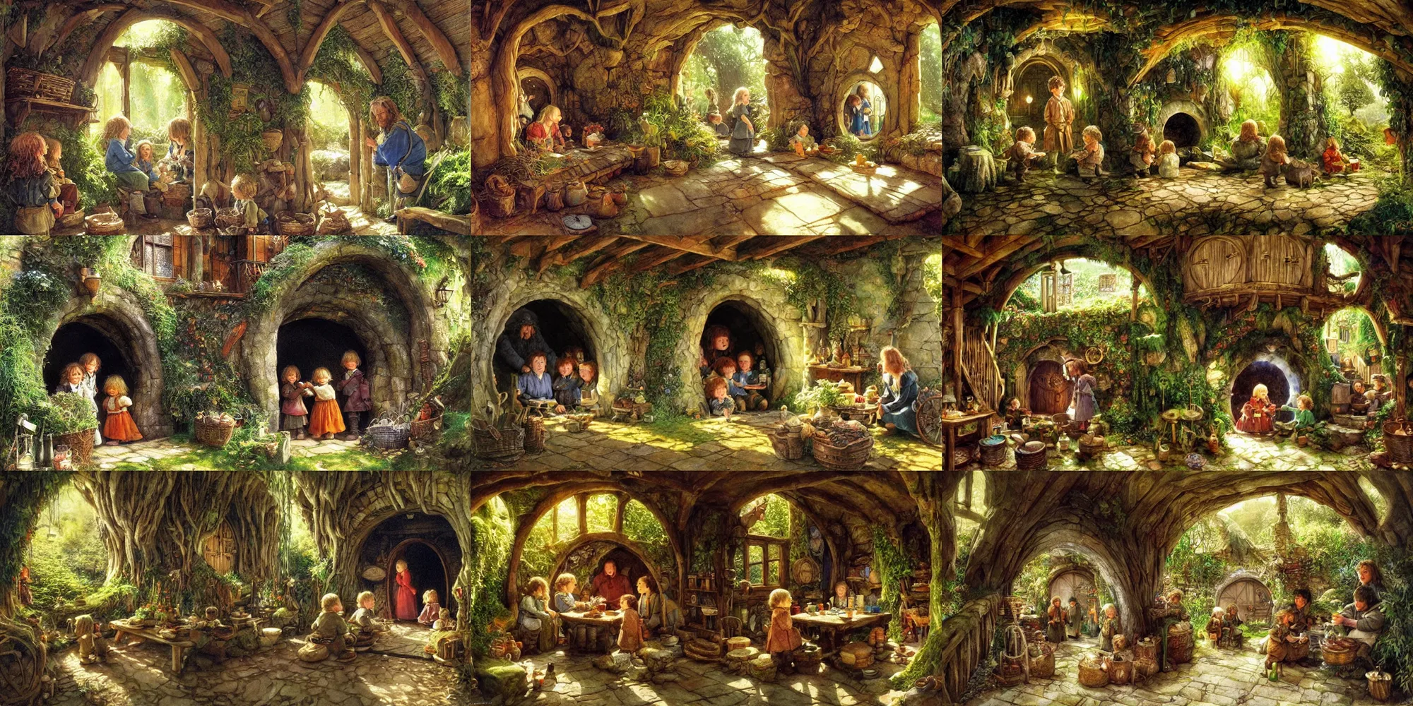 Prompt: a hobbit family celebrating a child's birthday within the interior of a hobbit hole,, by alan lee, art station, dust flickers in beams of light from the windows, finely detailed furniture, warm colors, vibrant greenery outside, oil painting