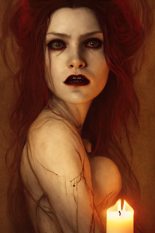 Prompt: portrait of a female vampire, intricate, dystopian terror, fangs, extremely detailed, digital painting, candles, sculpted in zbrush, artstation, concept art, smooth, sharp focus, illustration, chiaroscuro lighting, golden ratio, rule of thirds, fibonacci, incredible art by Stanley Artgerm Lau and Greg Rutkowski, composition by Alphonse Mucha and Simon Stalenhag