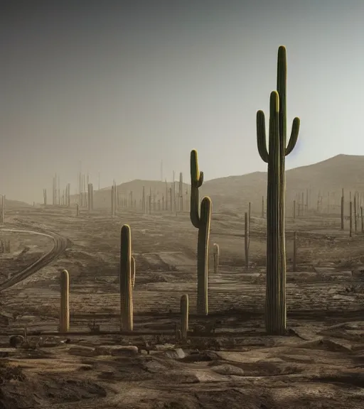 Prompt: theory of the massive white glass inverted roots unfinished building, futuritic high tech architecture, ancient epic towers in the mining tailings in the desert, biroremediation plant, foggy, patchy cactus, octane render, pale colors, high detail, 8 k, wide angle, trending on artstation, behance