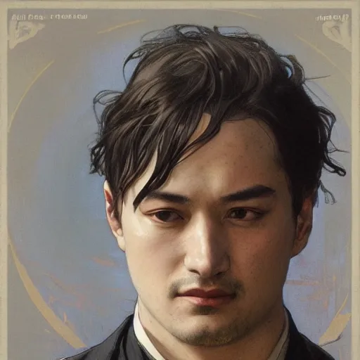 Prompt: Joji aka George Miller wearing an elegant suit, staring intensely, portrait art by alphonse mucha and greg rutkowski, highly detailed, digital painting, concept art, illustration, dim lighting with twilight rays of sunlight, trending on artstation, very detailed, smooth, sharp focus, octane render, close up