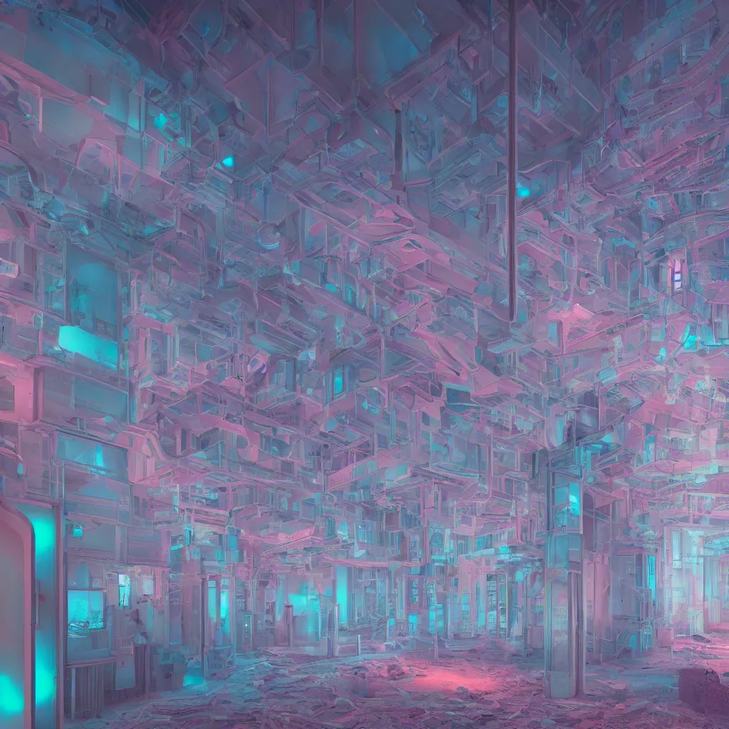 Prompt: biomaterial, architecture, futuristic, neon, pastel colors, hd 8 k, digital design, attention to details, abandoned, grand budapest hotel