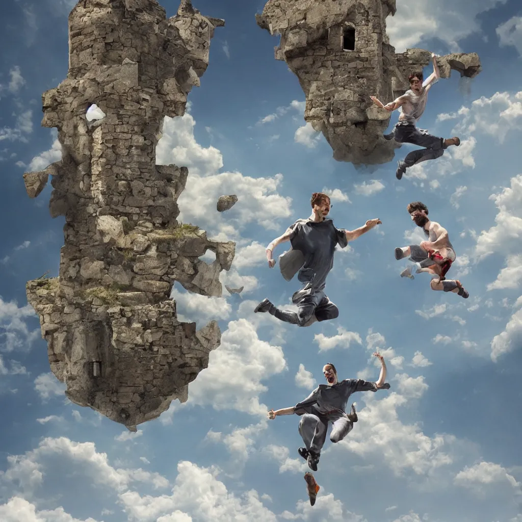 Prompt: full body of one man jumping from a castle in the air, digital art, 3 d