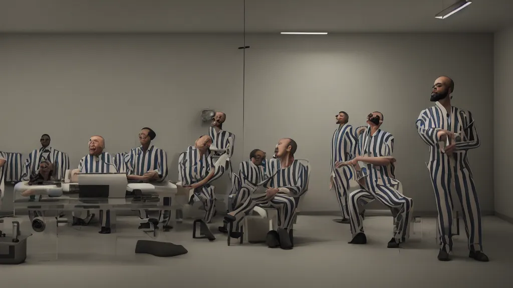 Prompt: prison inmates in striped suits sitting around a television bolted to the wall, rendered in octane, rendered in Corona, rendered in vray, rendered in Arnold, insanely detailed, photorealistic, cinematic, global illumination, no grain