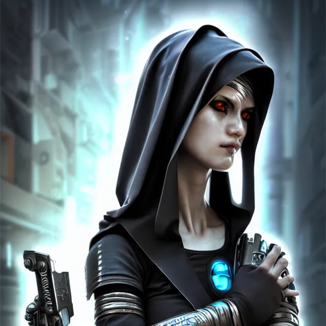 Image similar to cyberpunk nun warrior, highly detailed, 4 k, hdr, smooth, sharp focus, high resolution, award - winning photo, artgerm, photorealistic