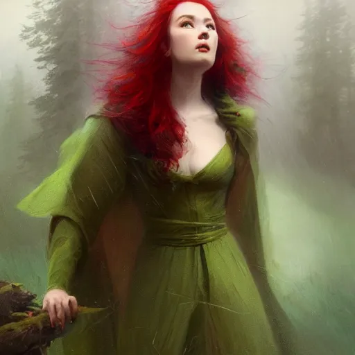 Image similar to epic portrait an beautiful woman wearing green cape with a hood on, armor, goddess, wet flowing red hair, forest blurry backround, broad light, ambient occlusion, volumetric light effect, made by ivan aivazovsky, peter mohrbacher, greg rutkowski, matte painting, trending on artstation, 4 k, perfectly defined features, digital painting,