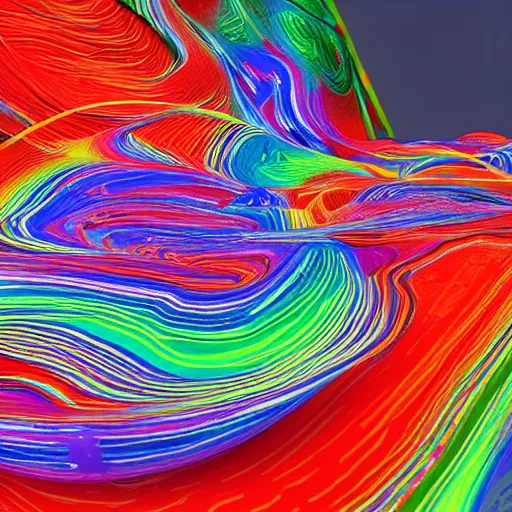 Prompt: streams of multicolored, simulated fluid collide to form a can of soda. 3 d digital motion graphics.