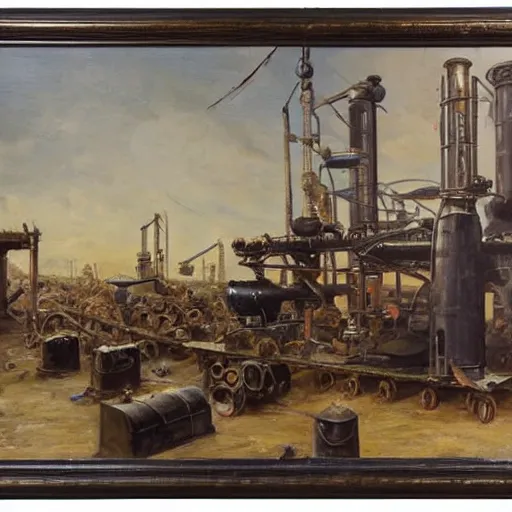 Prompt: oil painting of a nineteenth century engineers workshop, chaotic. in the center a big armoured suit akin to a submarine with a diving helmet