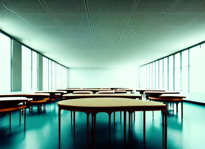 Image similar to cinematic photograph of a large white empty breakroom, retrofuturist liminal space, hundreds of old faux wood tables, crt tv mounted, trypophobia architecture, familiar place, clean, black mold, warm light, amateur, soft vintage glow, unreal engine, photorealistic, trending on artstation