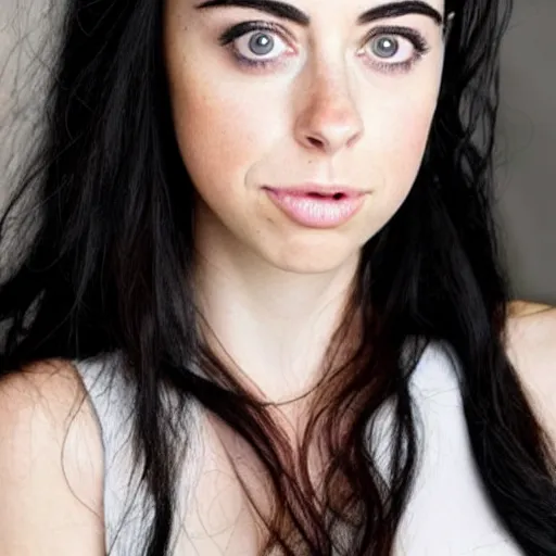 Prompt: a girl with long black hair her face is a mix between aubrey plaza, krysten ritter, lucy hale and maisie williams