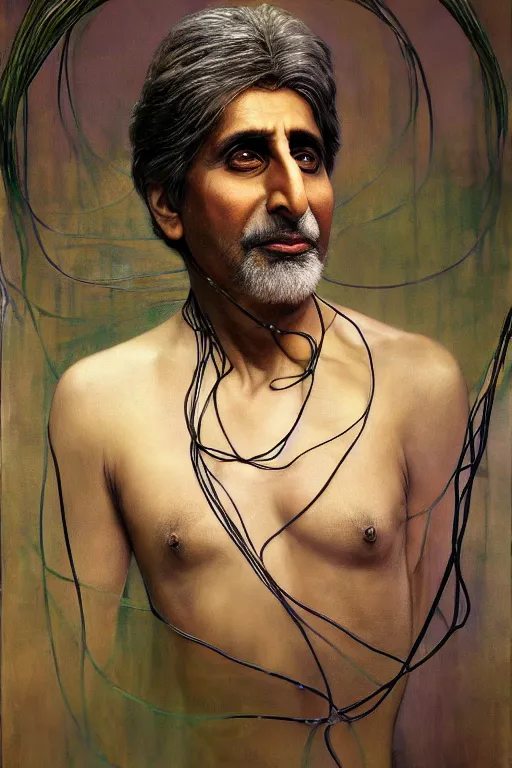 Prompt: hyperrealist portrait of amitabh bacchan, it is decorated with long wires that fall like vines and wears small computers over their body. by jeremy mann and alphonse mucha, fantasy art, photo realistic, dynamic lighting, artstation, poster, volumetric lighting, very detailed faces, 4 k, award winning