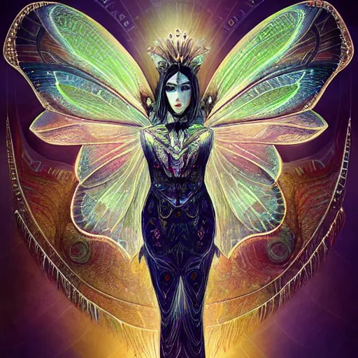 Image similar to realistic illustration of a beautiful art deco faerie queen with glowing eyes, moth wings with geometric patterns, reflective detailed textures, highly detailed dark fantasy science fiction painting, silver and cool colors, artstation