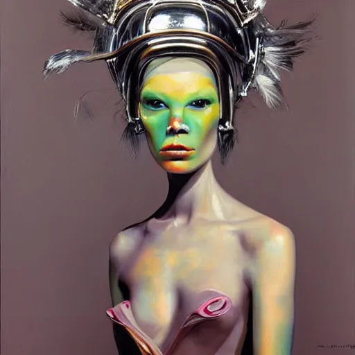 Image similar to a hyper realistic painting of an alien princess, metal headdress, by michael carson, highly detailed, vivid color,