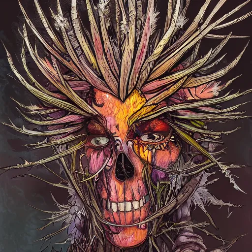 Prompt: squalid thistle deathcrown, in the style of adi granov, colourful hand drawing, beautiful faces, dramatic, tragic, intricate, detailed, beautiful, 8 k resolution