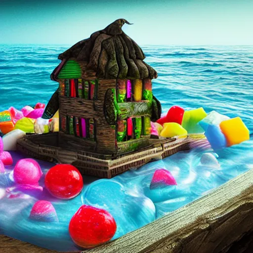 Image similar to a witches house made out of candies on the ocean, epic scene, fantasy, redshift render, cgi, hyper - detailed, photo - bash, 8 k post - production, masterpiece