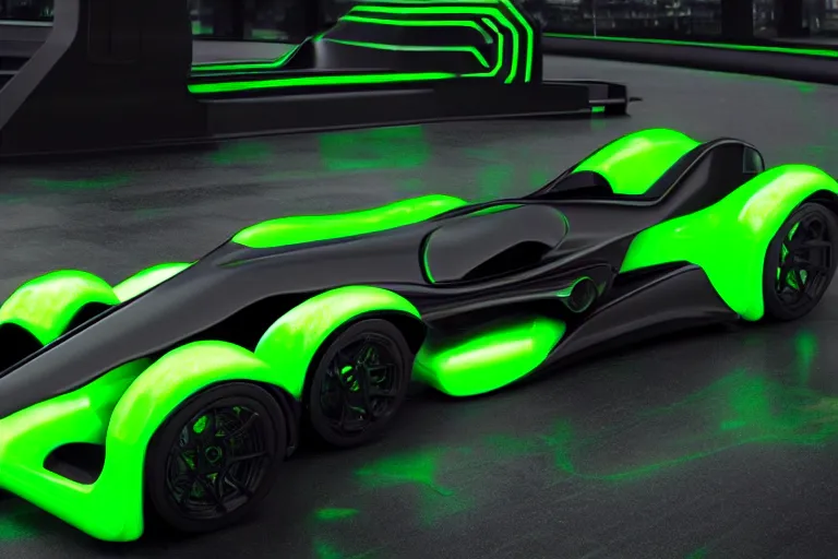 Image similar to a futuristic black and green Trackmania racing car with ZeratoR written on the side of the body, matte-black, green neon, ray-tracing, octane render, unreal engine, green cyberpunk city background