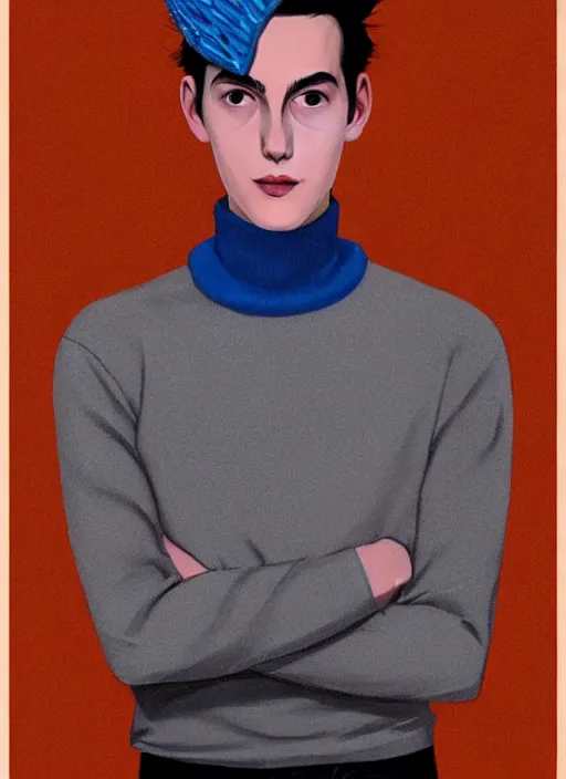 Image similar to portrait of teenage jughead jones wearing a light grey crown, crown, blue turtleneck, 1 9 5 0 s, closed eyes, photorealistic, black hair, glowing lighting, intricate, elegant, glowing lights, highly detailed, digital painting, artstation, concept art, smooth, sharp focus, illustration, art by wlop, mars ravelo and greg rutkowski