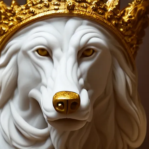 Image similar to side portrait of a wolf in the form of a greek sculpture in marble, with a gold crown, baroque elements in the background, museum. photorealistic. ultra detailed. flash. intricate artwork by miguel angel. octane render. cinematic. 4 k. bokeh.