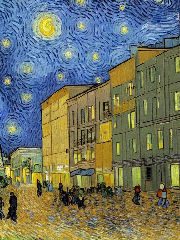 Image similar to van gogh painting of low residential building in russian suburbs, lights are on in the windows, deep night, post - soviet courtyard, cozy atmosphere, light fog, street lamps with orange light, several birches nearby, several elderly people stand at the entrance to the building