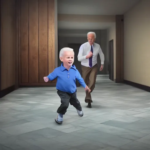 Prompt: joe biden chasing a child in the backrooms, hyper - realistic, 4 k, octane - render, realistic.