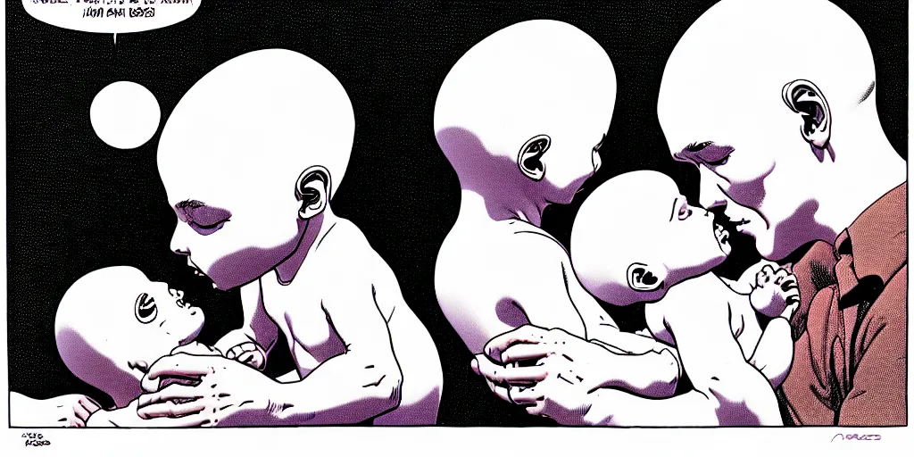 Image similar to dead moebius kissing baby moebius by moebius