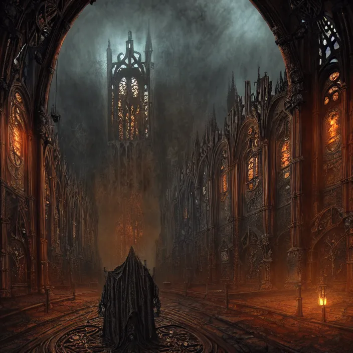 Image similar to steam necropolis, memento mori, gothic, neo - gothic, art nouveau, hyperdetailed copper patina medieval icon, stefan morrell, philippe druillet, ralph mcquarrie, concept art, steampunk, unreal engine, detailed intricate environment, octane render, moody atmospherics, volumetric lighting, ultrasharp, ominous, otherworldly