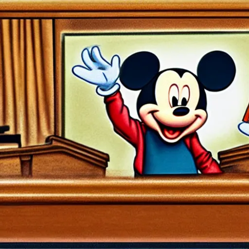 Image similar to detailed background courtroom sketch of vintage disney character mickey mouse presenting evidence of copyright infringement to the judge bench court room wooden serious dark tone