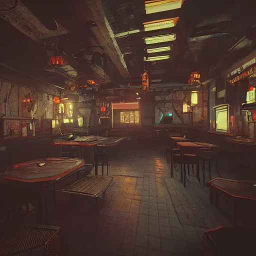 Prompt: Interior design Middle aged tavern in cyberpunk style by Moebius and Beeple. Very highly detailed 8K, Octane render