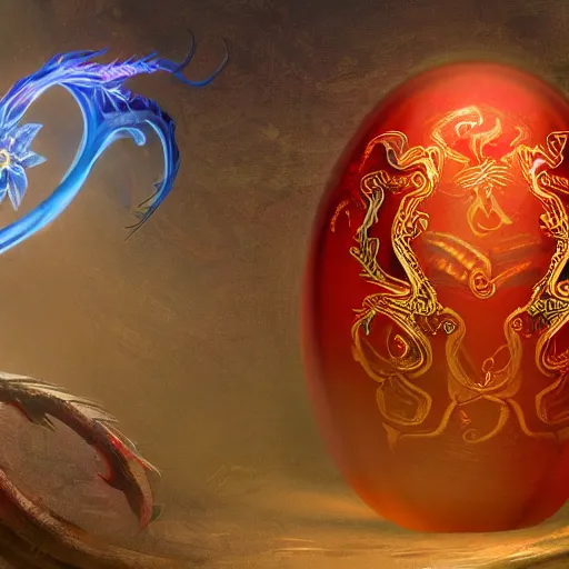 Prompt: an elaborate glowing red and blue dragon egg emerging from the blossom of a metallic gold flower with tendrils of gold wrapping around the egg, fantasy concept art