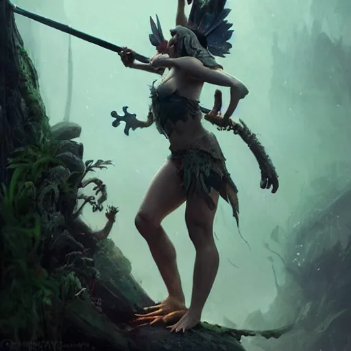 Image similar to scary godlike fairy killing a frog , muscular , upper body , epic , traditional makeup , gorgeous features , Post-processing , low angle , Greg rutkowski legendary matte painting , masterpiece