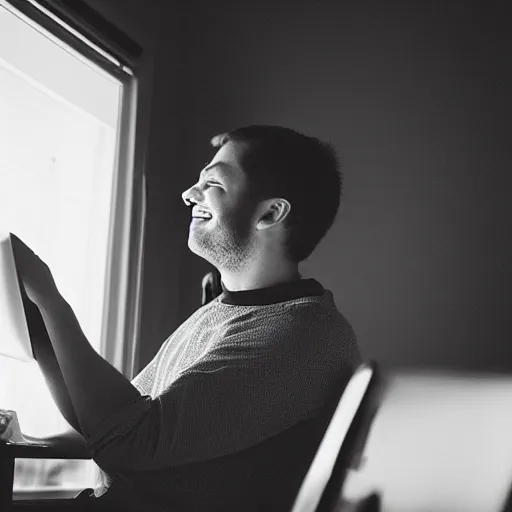 Image similar to guy looking at a laptop screen laughing, photograph, 35mm