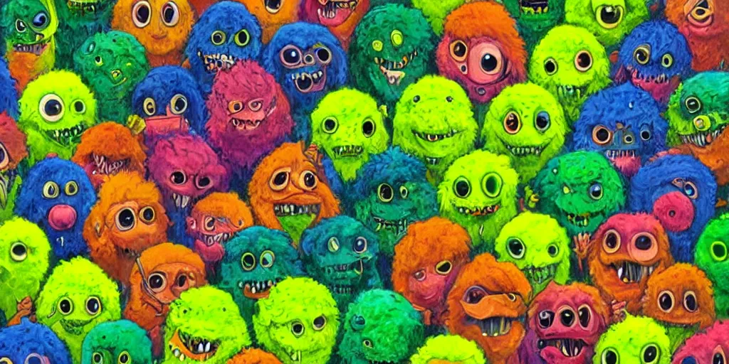 Prompt: an army of cute different green tennis ball monsters, colorful, digital art, fantasy, magic, chalk, trending on artstation, ultra detailed, detailed, fine details, professional illustration by basil gogos