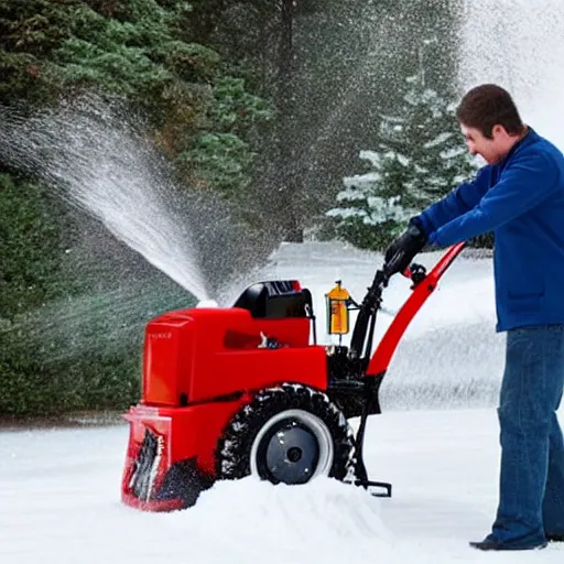 Prompt: Snowblower manual shows man putting his hand in the snowblower and losing it